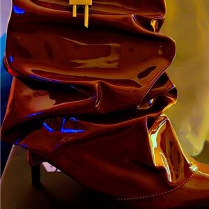 Burgundy Patent Leather pointed Toe Ruched Heeled Boots